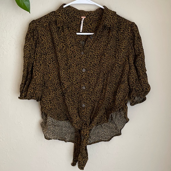 Free People Green Cheetah Tie Front Blouse - Picture 2 of 10